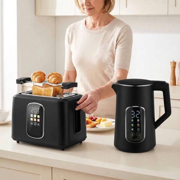 Kettle and Toaster Set with LED Touch Screen, Kettle with Strix Thermostat, 2 Slice Toaster w/ 6 Browning Levels, Black