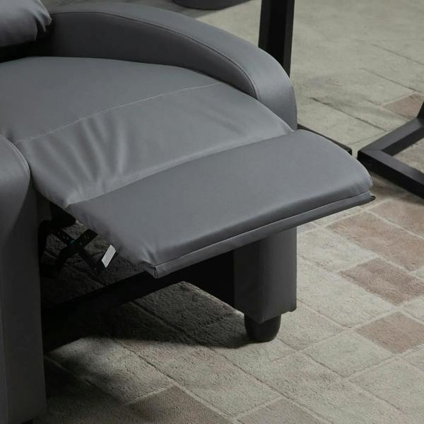 Grey faux leather recliner footrest cushion with textured seams and corner stitching