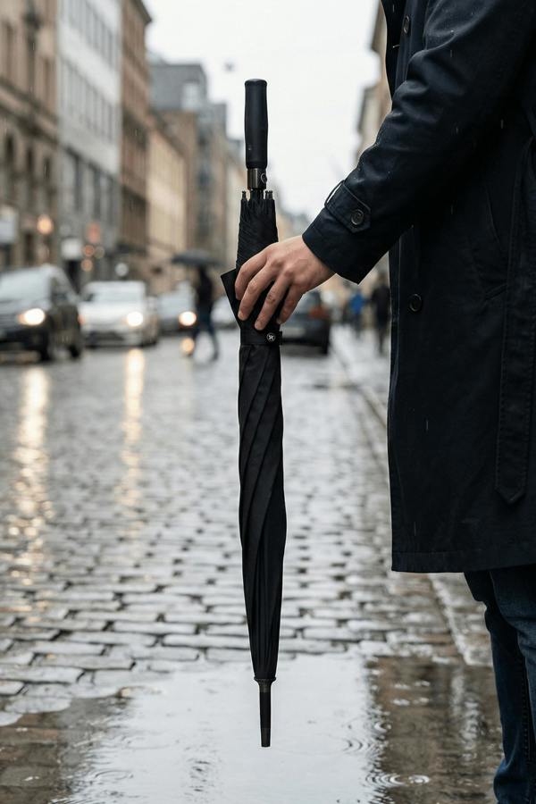 Person holding closed black Optimum umbrella on wet cobbled city street, lifestyle shot - Optimum