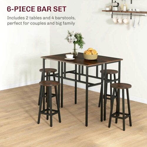 Bobobiy 6-Piece Bar Table Set, Counter Height Kitchen Dining Set with 2 High Tables & 4 Stools, Rustic Brown
