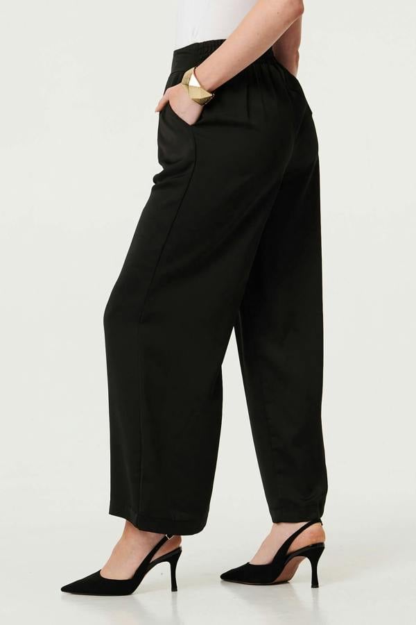 Black | High Waist Wide Leg Pleat Front Trousers

