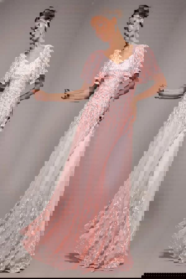 Lace Flutter Sleeve Embroidered Mesh A Line Maxi Dress - Pink DR3942