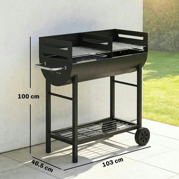 Bobobiy Charcoal Barbecue Grill with 2 Cooking Areas, Portable BBQ Trolley with Wheels, Height Adjustable Grates, Bottom Shelf