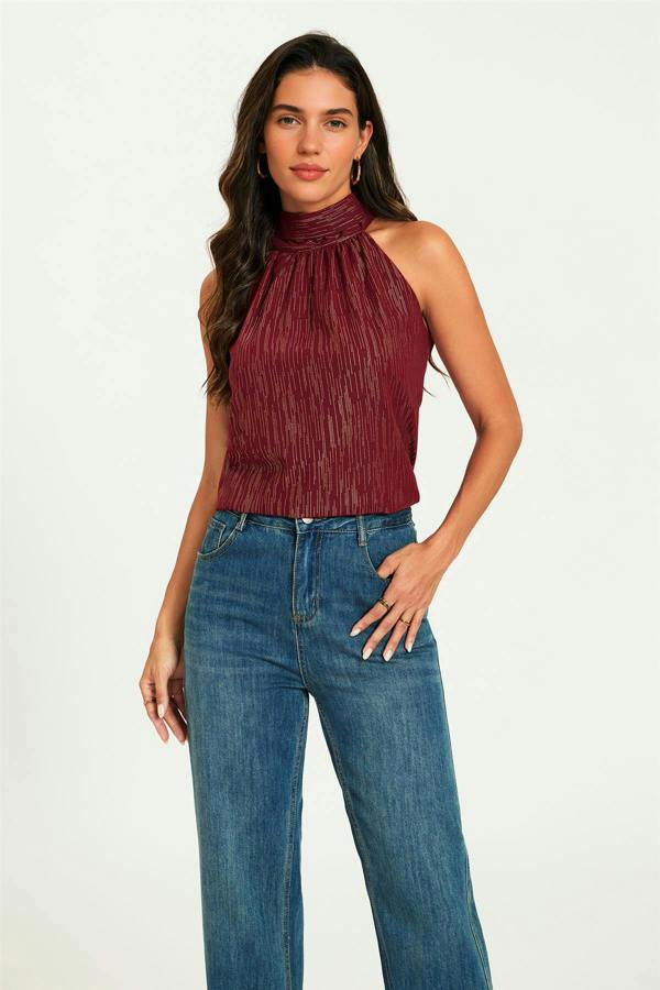 FS Collection Gold Stripe Foil Halter Neck Tie Back Top In Wine