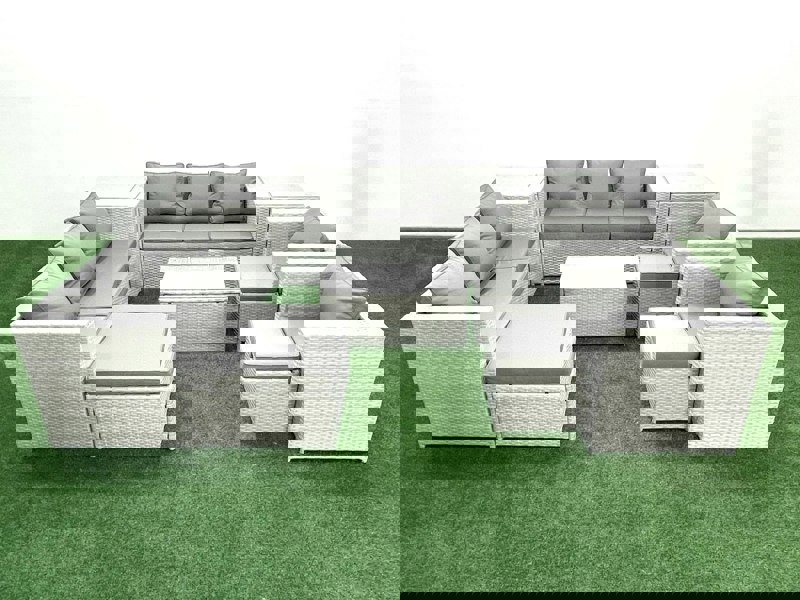 Fimous Outdoor Rattan Sofa Garden Furniture Set with 2 Armchairs Oblong Coffee Table 3 Footstools 2 Side Tables Light Grey Mixed