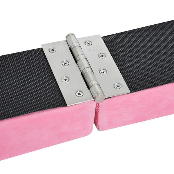 Pink balance beam hinge with metal strap connector and black non-slip top