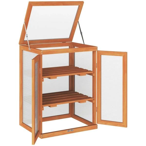 Wood greenhouse cold frame with open side door and tiered wooden shelves
