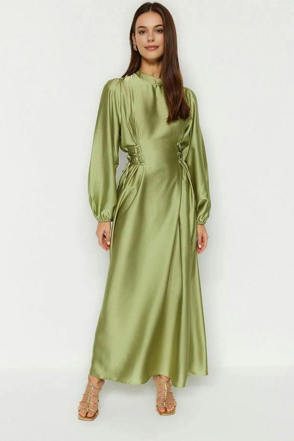 WOVCOR Belted Satin Evening Dress