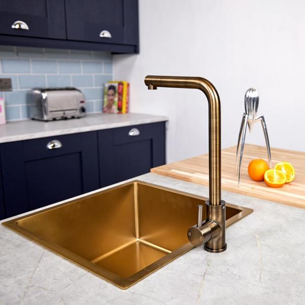 Flode Mjörn | Single Lever Kitchen Sink Mixer Tap with Swivel Spout | L Neck Design | Antique Brass Finish