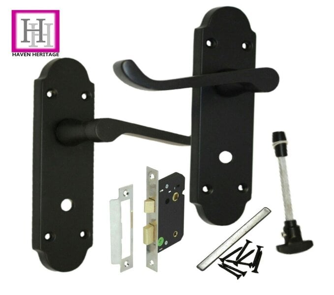 EDH Door Hardware Matt Black Victorian Scroll Bathroom Door Handles With Sash Lock Epsom Pack