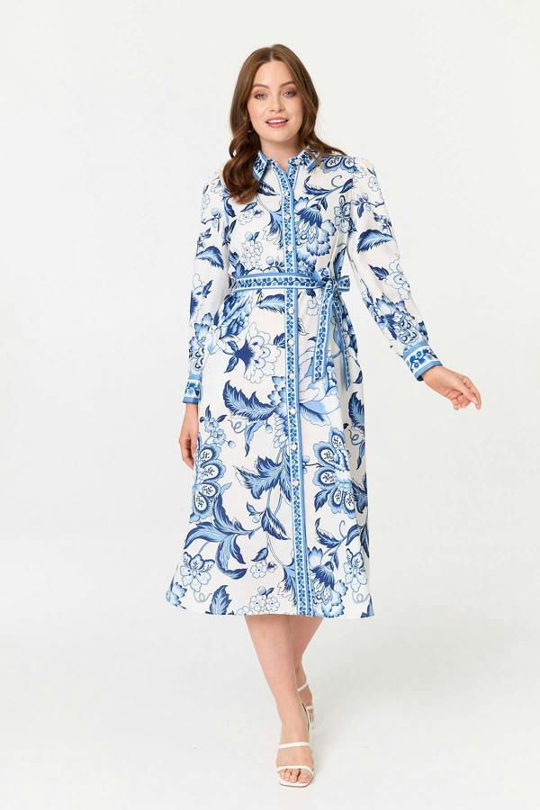 Blue | Floral Print Tie Belt Midi Shirt Dress
