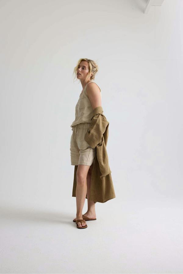 Pretty You London Long Relaxed Linen Jacket In Overland Trek
