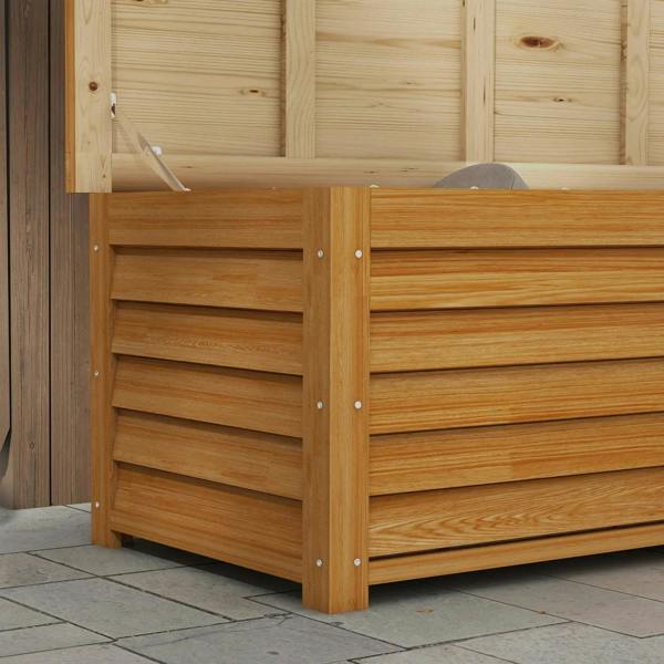 Light brown wooden storage box corner with front slats and metal fasteners