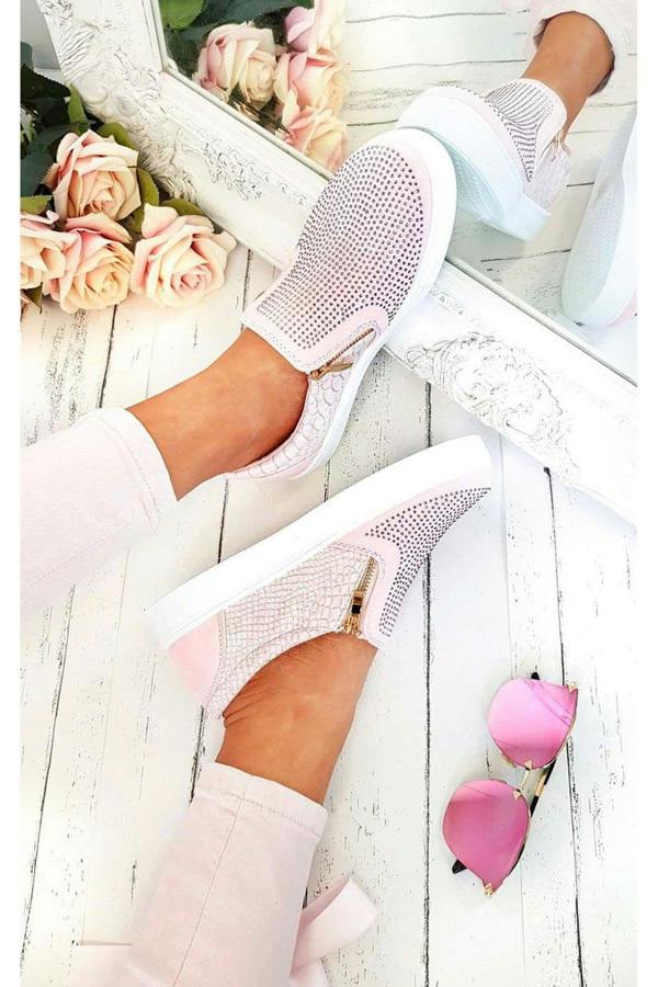 Leah Crystal Suede Zip Pumps Trainers - Pink
