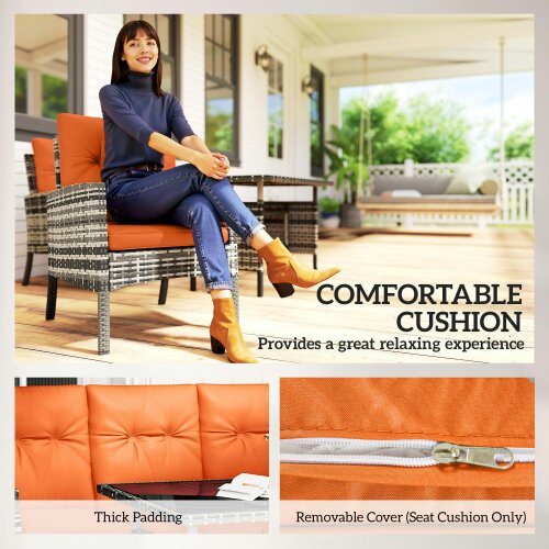 Wyld Haus Lodori Grey Rattan 7 Seater Outdoor Dining Set with Orange Cushions And Table