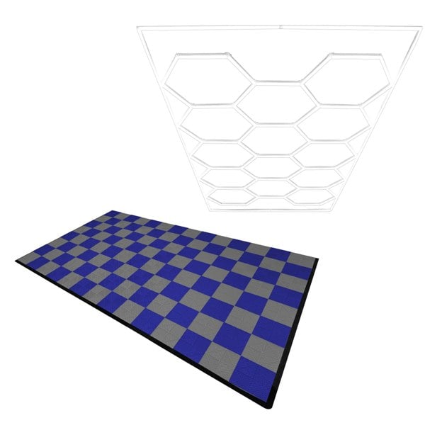 Monstershop Hexagon LED Light & Vented Garage Floor Tiles With Edges - 60 Grey & 60 Blue