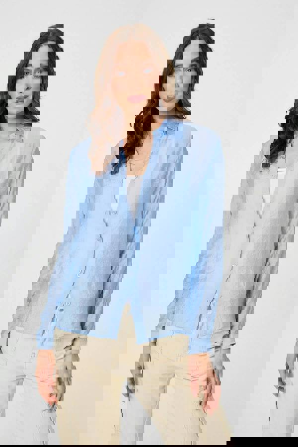 Blue | Semi Sheer Layered Long Sleeve Shirt : Model is 5'9"/175 cm and wears UK8/EU36/US4/AUS8