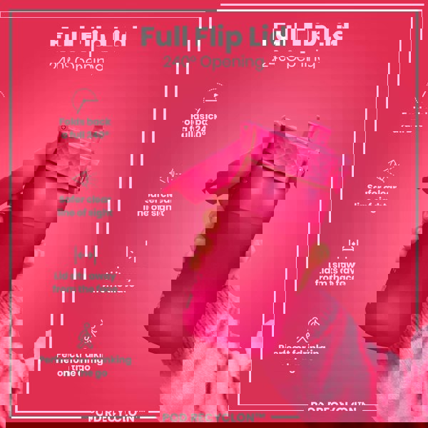 A pink water bottle, with a full flip lid, is being held by a person against a pink background. The lid folds back 240°. POD RECYCLON™ is also visible.