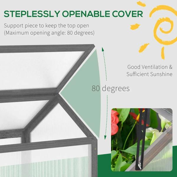 Cold frame greenhouse with raised openable lid and side support hardware