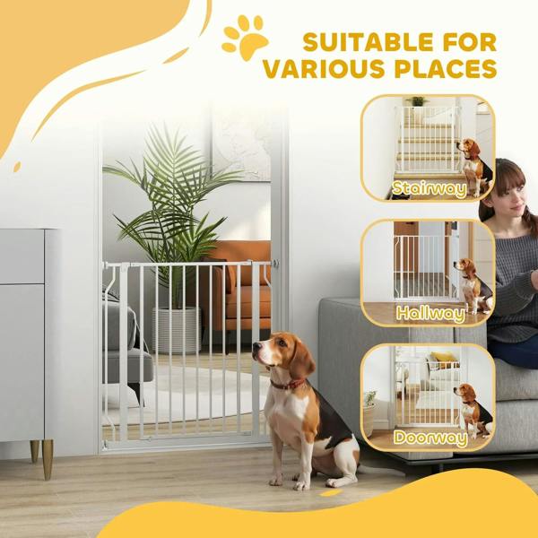 White dog gate installed in hallway, doorway, and staircase areas