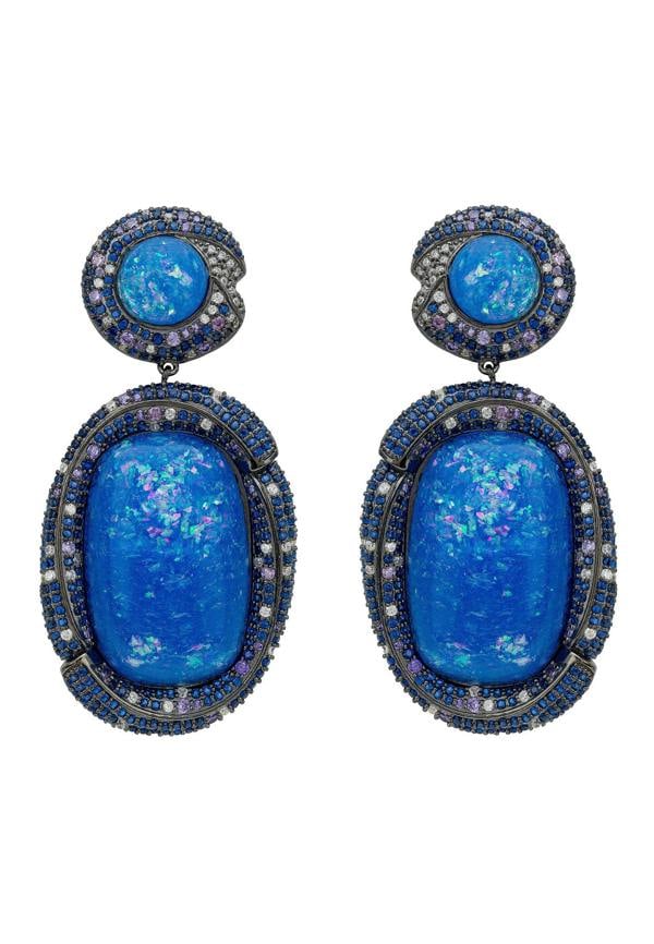 Latelita Fiorella Blue Opal Drop Earrings Silver Oxidised