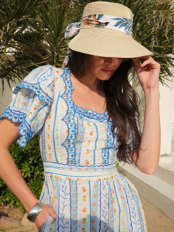 Rose & Nancy Bella Blue and White Ditsy Print Embroidered Midi Dress