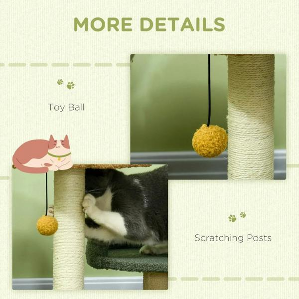 Cat tree detail view of scratching posts with dangling pom-pom toy ball and dark green bed