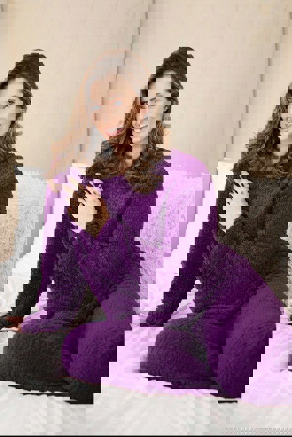 Camille Womens Purple Supersoft Fleece Textured Woven Pattern Pyjama Set