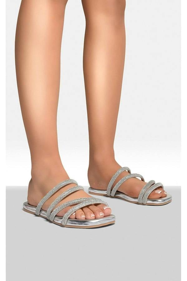 Reya Embellished Asymmetrical Strap Flat Sandals - Silver