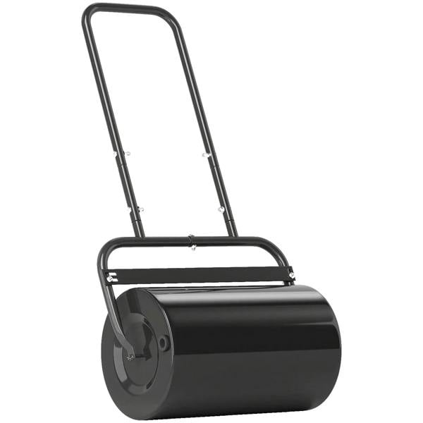 Black fillable steel lawn roller with wide cylinder and curved U-shaped handle