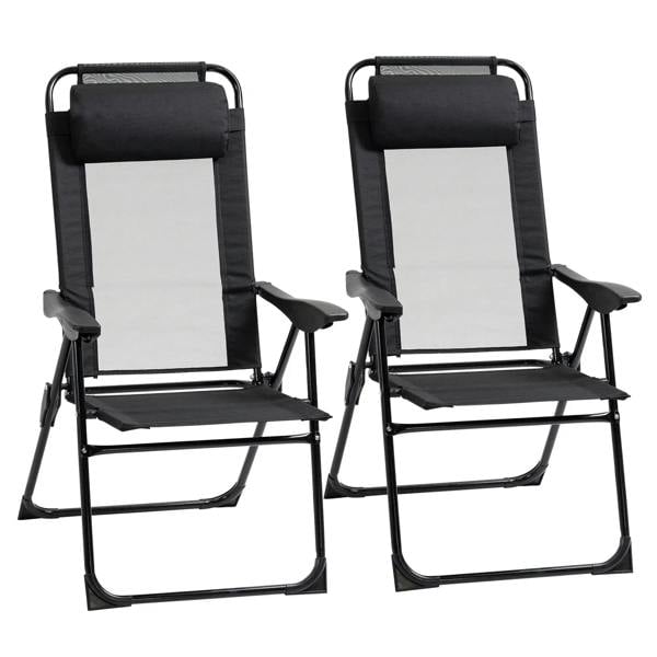 Set of 2 black folding recliner patio chairs with adjustable backrest and armrests