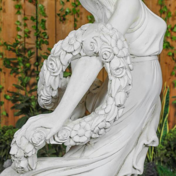 Elegant White Stone Cast Lady With A Rose Garland  1 m 76 Tall 