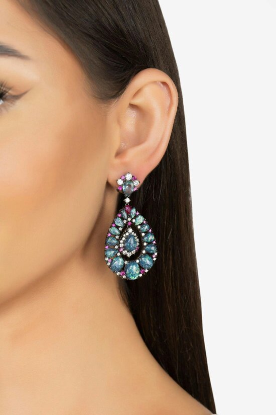 Latelita Paloma Green Opal Drop Earrings Oxidised