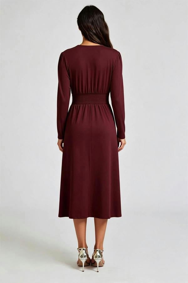FS Collection Jersey Long Sleeve Midi Dress In Burgundy