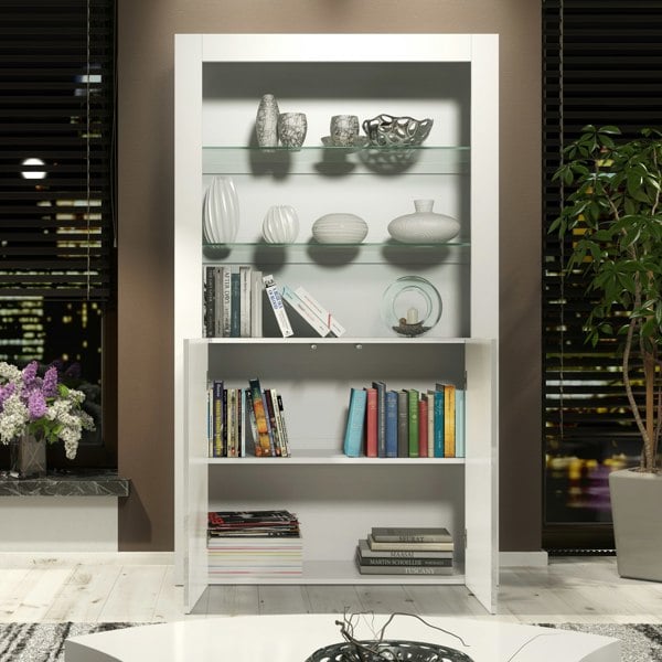 Mex Furniture Tall Display Cabinet 170cm White Matt Body and White Gloss Doors – Modern Open Shelving Unit