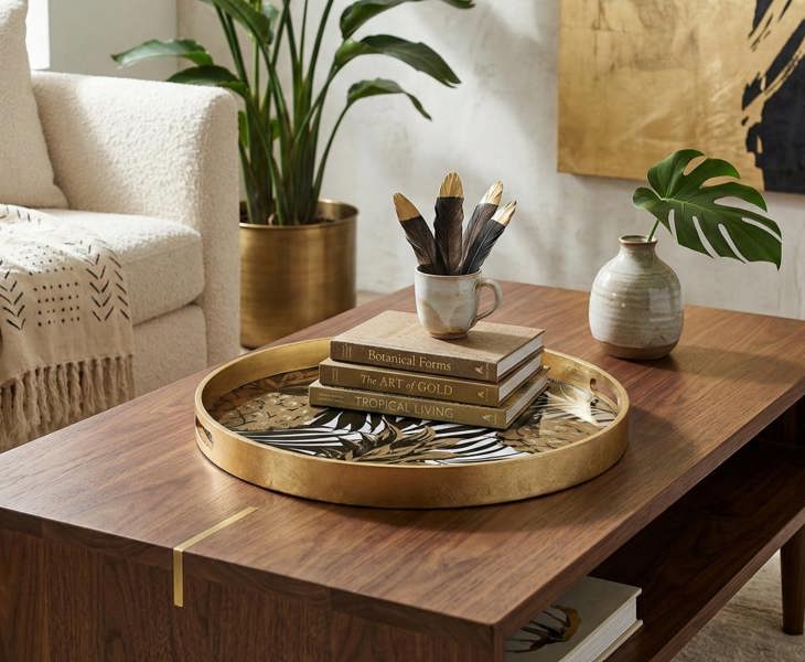 Maison des Cadeaux Round Decorative Gold Tropical Pineapple Serving Candle Drinks Tray