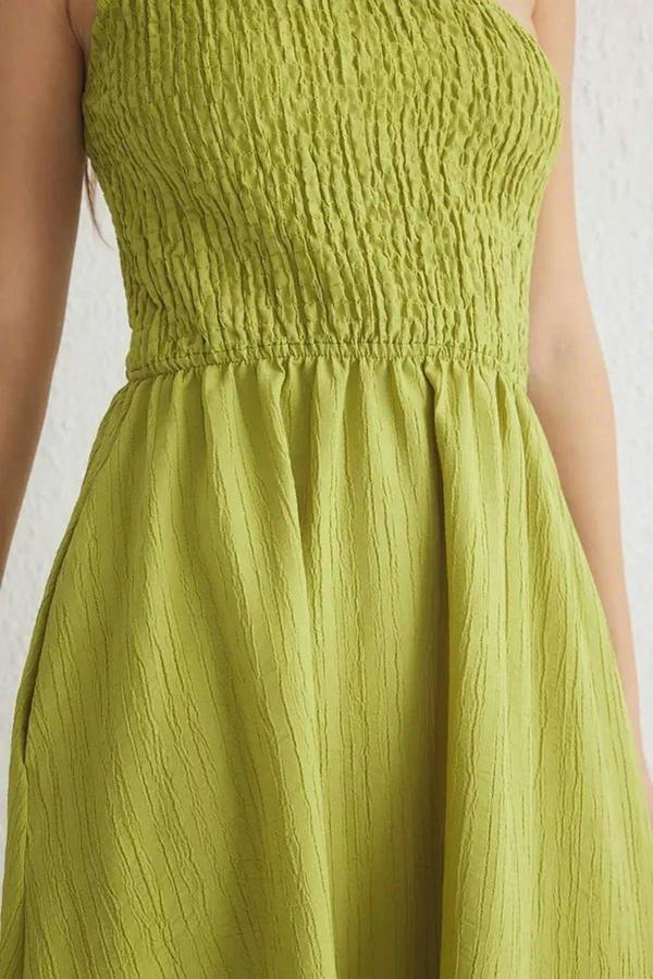 WOVCOR Waist-Leg Embellished One-Shoulder Midi Woven Dress