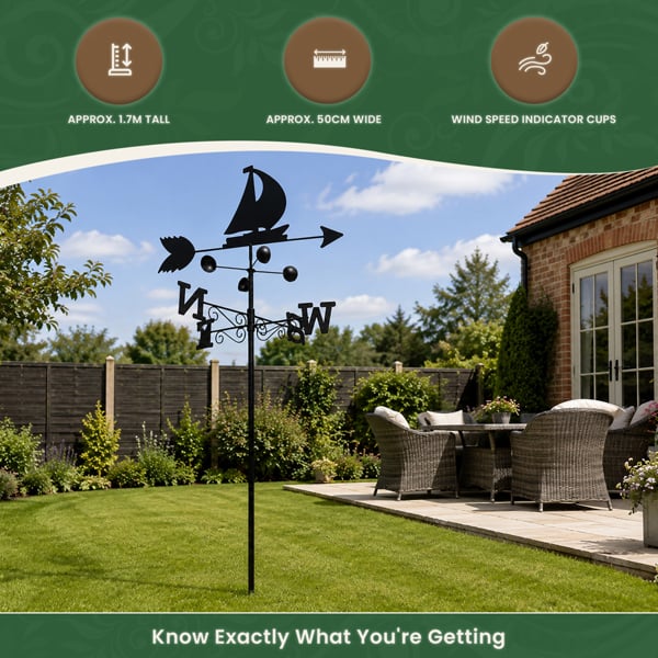Boat Steel Weathervane, Black Painted All-Steel Weather Vane With Wall Fixings and 1.7m Ground Spike, Wind Speed Cups