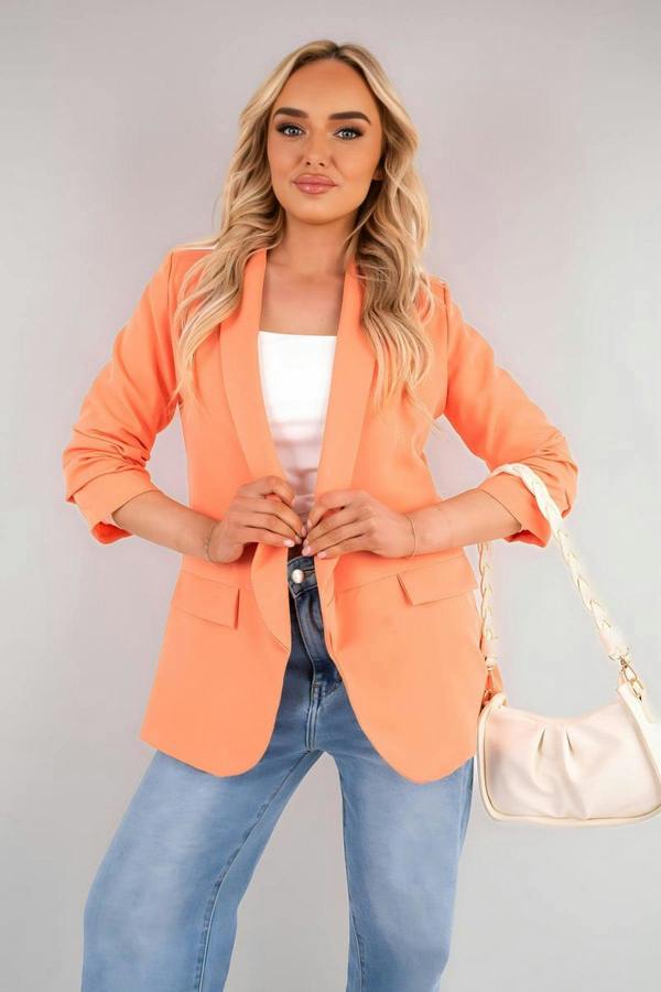 Valerie Ruched Sleeve Open Front Blazer Jacket With Front Pockets - Bright Orange