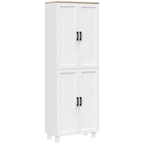 White freestanding kitchen cupboard with 4-panel doors and black bar handles.