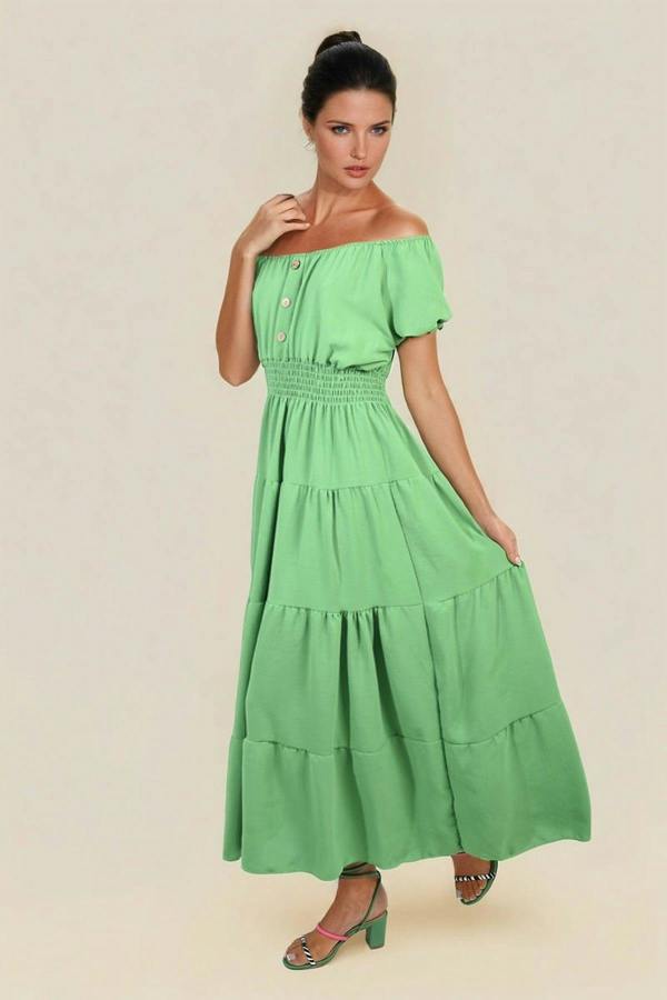 Emmy Smocked Waist Tiered Midi Dress - Green