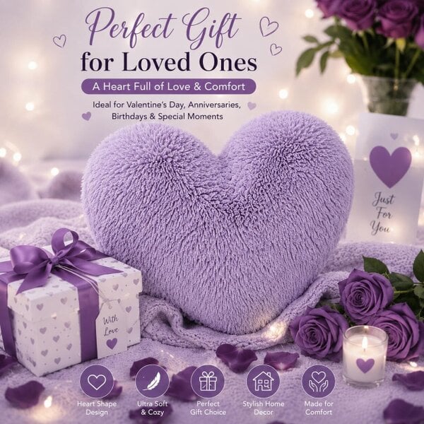 Night Zone Teddy Cuddles Heart Shape Cushion – Soft Teddy Fleece Filled Decorative Cushion - Lilac