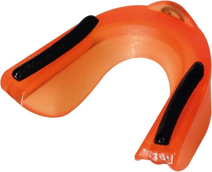 Orange Optimum Matrix mouthguard, angled close-up with black gel channels, on white background - Optimum