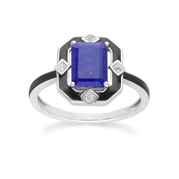 Gemondo Grand Deco Black Enamel, Lapis Lazuli & Topaz Ring in Sterling Silver