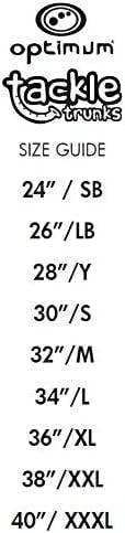 Optimum Tackle Trunks size guide chart with logos listing waist sizes 24in to 40in XXXL on white - Optimum