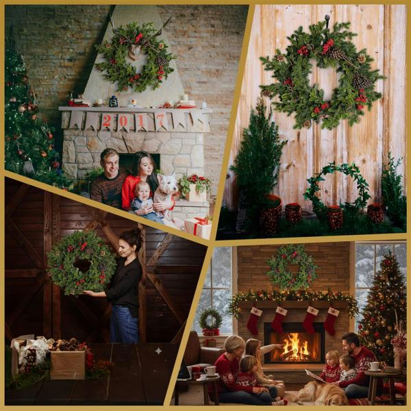 60cm Green Fir Christmas Wreath with Berries and Pine Cones, PE Artificial Door Decoration image 8
