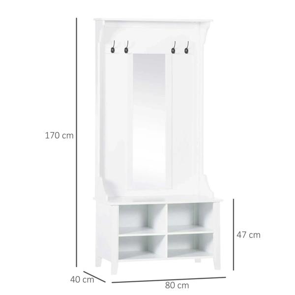 White coat rack shoe cabinet dimensions with mirror, four hooks, and two-tier shoe shelves