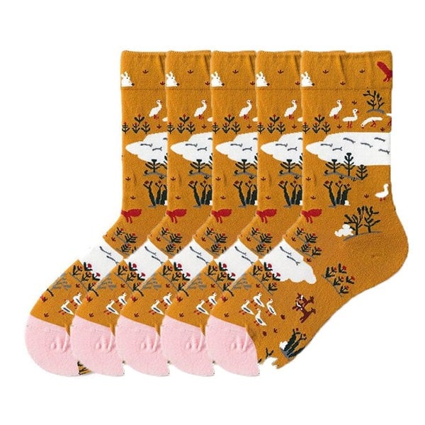 Anysox Anyfootwear 5 Pairs Mustard Size 5-9 Fashion Socks High-Quality Office Sports Business Long Socks Cotton Solid Colors Skateboard Knitted Casual