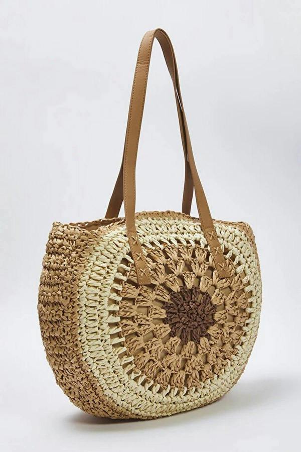 WOVCOR Color Block Hand-Knitted Woven Straw Women's Medium Size Round Shoulder Bag