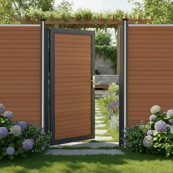 Brown composite panel gate with sleek black frame, set in a lush garden pathway surrounded by colorful flowers and greenery